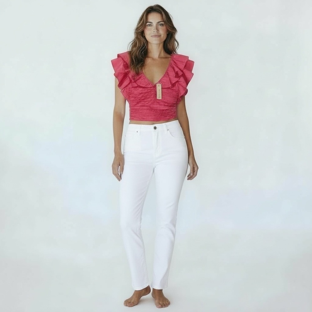 Love the Label hot pink ruffled short sleeve top with smocked bodice.